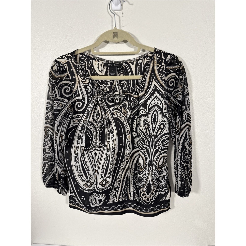 White House‎ Black Market Top Women's Size 4 Black/White  Paisley Blouse P1